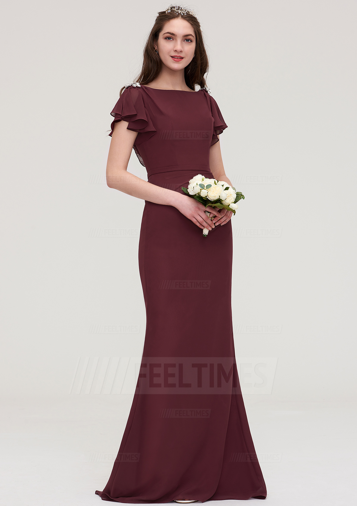 Sheath/Column Bateau Short Sleeve Long/Floor-Length Chiffon Bridesmaid Dress With Crystal Detailing Sashes

